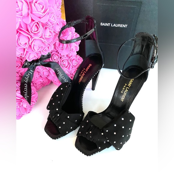 SAINT LAURENT FREJA BLACK SUEDE BOW CRYSTAL STRASS OPEN TOE SANDAL SHOES - Picture 3 of 9